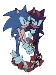 Size: 768x1024 | Tagged: safe, artist:kitcartt_, shadow the hedgehog, sonic the hedgehog, 2024, blushing, cute, duo, gay, holding hands, looking at each other, mouth open, one eye closed, shadow x sonic, shadowbetes, shipping, simple background, sonabetes, standing, white background