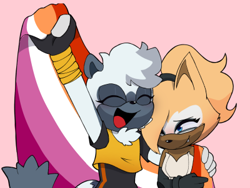 Size: 400x300 | Tagged: safe, artist:kyunii_, tangle the lemur, whisper the wolf, 2024, arm around shoulders, duo, eyes closed, flag, holding something, lesbian, lesbian pride, pink background, pride, pride flag, shipping, simple background, smile, standing, tangle x whisper