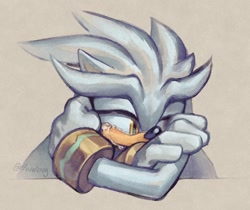 Size: 1114x934 | Tagged: safe, artist:9raviolly, silver the hedgehog, 2024, arms folded, beige background, crying, looking offscreen, sad, signature, simple background, solo