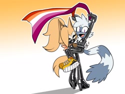 Size: 2048x1536 | Tagged: safe, artist:qqhoneydew_, tangle the lemur, whisper the wolf, 2024, alternate outfit, carrying them, duo, eyes closed, flag, gradient background, holding something, latex, latex outfit, lesbian, lesbian pride, looking at viewer, outline, pride, pride flag, shipping, smile, standing, tangle x whisper