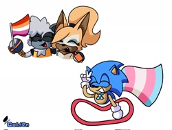 Size: 2048x1536 | Tagged: safe, artist:ilypizzacookie, sonic the hedgehog, tangle the lemur, whisper the wolf, 31 days sonic, 2022, arm around shoulders, cape, cute, eyes closed, flag, holding something, lesbian, lesbian pride, pride, pride flag, running, shipping, signature, simple background, smile, tangle x whisper, top surgery scars, trans male, trans pride, transgender, trio, v sign, white background