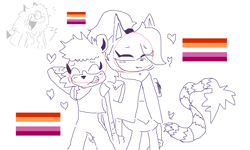 Size: 1337x802 | Tagged: safe, artist:iluvowlsndgirls, tangle the lemur, whisper the wolf, 2023, blushing, cute, duo, eye clipping through hair, eyebrow clipping through hair, eyes closed, hand behind head, heart, lesbian, lesbian pride, line art, pride, pride flag, shipping, simple background, smile, standing, tangabetes, tangle x whisper, whispabetes, white background