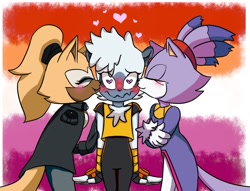 Size: 1158x885 | Tagged: safe, artist:space_sundae, blaze the cat, tangle the lemur, whisper the wolf, 2020, arms folded, blaze x tangle x whisper, blaze x whisper, blushing, eyes closed, heart, heart eyes, kiss on cheek, lesbian, lesbian pride, polyamory, pride, pride flag, pride flag background, shipping, smile, standing, tanglaze, tangle x whisper, trio