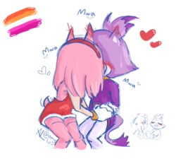 Size: 874x788 | Tagged: safe, artist:amylov__, amy rose, blaze the cat, 2023, amy x blaze, blushing, blushing ears, duo, heart, holding hands, kiss, lesbian, lesbian pride, mwah, pride, pride flag, sfx, shipping, simple background, white background
