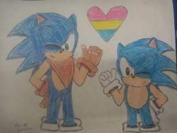 Size: 1080x810 | Tagged: safe, artist:sanchezramsess, sonic the hedgehog, 2023, classic sonic, duo, heart, pansexual, pansexual pride, pride, pride flag, self paradox, smile, standing, traditional media, wink