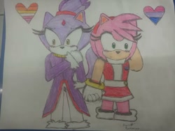 Size: 1080x810 | Tagged: safe, artist:sanchezramsess, amy rose, blaze the cat, 2023, alternate outfit, amy x blaze, badge, bisexual, bisexual pride, blushing, duo, heart, holding hands, lesbian, lesbian pride, looking away, nervous, pride, pride flag, shipping, traditional media