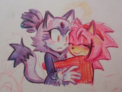 Size: 2048x1536 | Tagged: safe, artist:maipeikko, amy rose, blaze the cat, 2024, alternate outfit, amy x blaze, amybetes, blazebetes, blushing, cute, duo, eyes closed, frown, hugging, lesbian, shipping, smile, traditional media