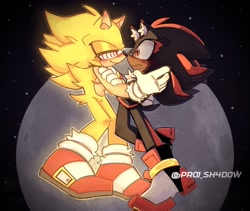 Size: 2048x1728 | Tagged: safe, artist:proj-sh4dow, shadow the hedgehog, sonic the hedgehog, 2024, abstract background, blushing, duo, ear fluff, fleetway super sonic, frown, gay, holding each other, lidded eyes, looking at each other, moon, shadow x sonic, shipping, signature, smile, star (sky), super form, top surgery scars, trans male, transgender