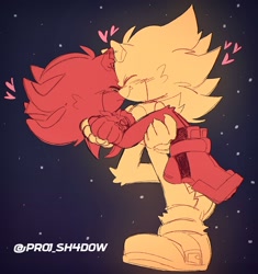 Size: 1926x2048 | Tagged: safe, artist:proj-sh4dow, shadow the hedgehog, sonic the hedgehog, 2024, arms folded, blushing, carrying them, cute, duo, eyes closed, fleetway super sonic, gay, heart, one fang, shadow x sonic, shadowbetes, shipping, signature, smile, sonabetes, star (sky), super form, trans male, transgender
