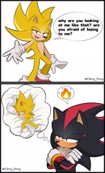 Size: 1247x2048 | Tagged: safe, artist:clery_trixy, shadow the hedgehog, sonic the hedgehog, super sonic, arms folded, duo, flame, flying, gay, heart, lidded eyes, shadow x sonic, shipping, simple background, smile, standing, super form, thinking, thought bubble, white background