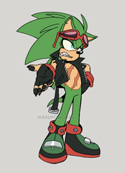Size: 540x742 | Tagged: safe, artist:scourgefrontier, scourge the hedgehog, 2024, aged down, clenched teeth, grey background, looking offscreen, pawpads, sharp teeth, signature, simple background, solo, younger