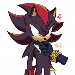 Size: 2048x2048 | Tagged: safe, artist:alyapwi, shadow the hedgehog, 2024, annoyed, clenched teeth, cross popping vein, disembodied arm, duo, finger under chin, gay, offscreen character, shadow x terios, shipping, signature, simple background, solo focus, white background