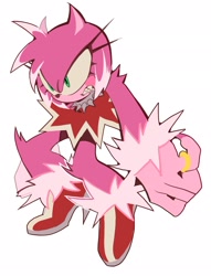 Size: 1561x2048 | Tagged: safe, artist:kosherea, amy rose, 2024, clenched teeth, flat colors, looking offscreen, ring, sharp teeth, simple background, solo, spiked collar, torn clothes, were form, werehog, white background