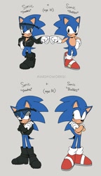 Size: 790x1370 | Tagged: safe, artist:scourgefrontier, sonic the hedgehog, 2024, alternate universe, anti-sonic, arms folded, duo, english text, fistbump, grey background, looking at each other, nickname, self paradox, simple background, smile, standing