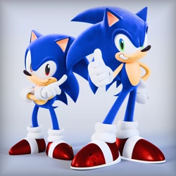 Size: 2048x2048 | Tagged: safe, artist:_callmedante, sonic the hedgehog, 2024, 3d, alternate eye color, arms folded, classic sonic, duo, gradient background, looking at viewer, red eyes, self paradox, smile, standing, thumbs up