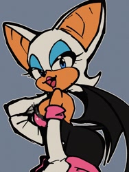 Size: 1536x2048 | Tagged: safe, artist:tighesammy, rouge the bat, grey background, lidded eyes, looking at viewer, mouth open, outline, simple background, smile, solo