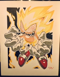 Size: 1578x2048 | Tagged: safe, artist:tracy yardley, sonic the hedgehog, 2024, claws, fleetway super sonic, flying, looking at viewer, mouth open, sharp teeth, signature, smile, solo, super form, traditional media