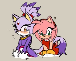 Size: 1021x817 | Tagged: safe, artist:kore_eon, amy rose, blaze the cat, 2024, amy x blaze, amybetes, beige background, blazebetes, blushing, cute, duo, exclamation mark, frown, lesbian, looking at them, looking away, shipping, simple background, standing, wrapped in tail