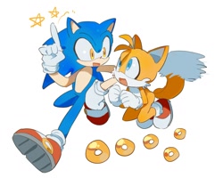 Size: 1592x1274 | Tagged: safe, artist:snti_82, miles "tails" prower, sonic the hedgehog, 2024, alternate eye color, cute, duo, looking at each other, mouth open, pointing, ring, simple background, smile, star (symbol), white background, yellow eyes