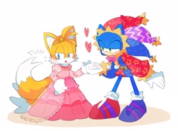 Size: 2048x1507 | Tagged: safe, artist:snti_82, miles "tails" prower, sonic the hedgehog, 2024, blushing, clothes, cute, dress, duo, femboy, gay, heart, holding hands, jester outfit, jester sonic, lidded eyes, looking at them, looking away, princess outfit, princess tails, shipping, simple background, sonabetes, sonic x tails, standing, tailabetes, white background