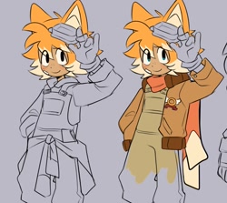 Size: 967x862 | Tagged: safe, artist:teirusuki, miles "tails" prower, human, 2024, bandaid, clothes, duality, fox ears, freckles, goggles, grey background, humanized, jacket around waist, looking at viewer, overalls, scarf, simple background, smile, solo