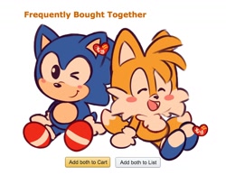 Size: 1516x1174 | Tagged: safe, artist:teirusuki, miles "tails" prower, sonic the hedgehog, 2022, amazon prime, blue shoes, blushing, chibi, cute, duo, english text, frequently bought together, heart, meme, sitting, smile, sonabetes, tag, tailabetes, wink