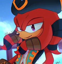 Size: 1968x2048 | Tagged: safe, artist:kira_hl_, knuckles the echidna, sonic prime, 2024, abstract background, daytime, knuckles the dread, lidded eyes, looking at viewer, mouth open, one fang, outfit swap, signature, smile, solo, standing