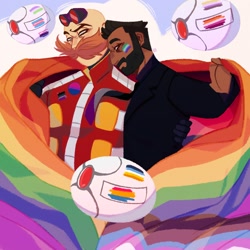 Size: 2000x2000 | Tagged: safe, artist:demetera_, agent stone, robotnik, human, 2024, abstract background, ace, aro ace pride, asexual pride, bisexual, bisexual pride, duo, face paint, flag, gay, genderfluid pride, genderqueer pride, holding something, lesbian pride, lineless, mlm pride, nonbinary pride, paint, pansexual pride, pride, pride flag, progress pride, robot, shipping, standing, stobotnik, tie, trans pride