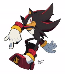 Size: 1790x2048 | Tagged: safe, artist:thomas_rsvd, shadow the hedgehog, 2024, frown, looking at viewer, pointing, posing, signature, simple background, solo, white background