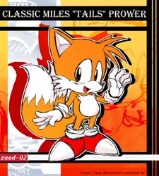 Size: 848x943 | Tagged: safe, artist:zeed_02, miles "tails" prower, 2024, abstract background, character name, classic tails, cute, echo background, smile, solo, standing, tailabetes, waving