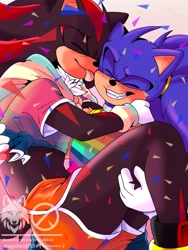 Size: 768x1024 | Tagged: safe, artist:annievizca2664, shadow the hedgehog, sonic the hedgehog, 2024, beige background, bisexual, bisexual pride, blushing, blushing ears, cape, carrying them, clothes, confetti, cute, duo, eyes closed, flag, gay, gay pride, licking, licking face, ponytail, pride, pride flag, shadow x sonic, shipping, shirt, shorts, simple background, smile, tank top, tongue out, trans male, trans pride, transgender, watermark