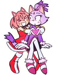 Size: 868x1079 | Tagged: safe, artist:maipeikko, amy rose, blaze the cat, amy x blaze, amybetes, blazebetes, blushing, cute, duo, heart, heart hands, hugging from behind, lesbian, shipping, simple background, standing, white background