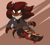 Size: 2200x2000 | Tagged: safe, artist:shady-raichu, shadow the hedgehog, 2021, abstract background, alternate outfit, badge, bandaid, brown gloves, chain, cheek fluff, claws, clothes, dark skin, fingerless gloves, jacket, jeans, looking offscreen, mid-air, pants, shadow's logo, shirt, skateboard, smile, solo, trans male, transgender