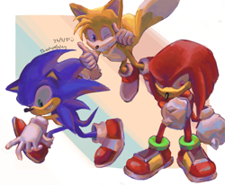 Size: 1863x1536 | Tagged: safe, artist:shootyrefutey, knuckles the echidna, miles "tails" prower, sonic the hedgehog, sonic heroes, 2021, border, posing, redraw, signature, smile, team sonic, victory pose