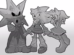 Size: 2048x1521 | Tagged: safe, artist:swati-art, amy rose, metal sonic, neo metal sonic, shadow the hedgehog, alternate outfit, arm warmers, black sclera, crop top, cute, gradient background, greyscale, half r63 shipping, leg warmers, lesbian, metamy, monochrome, polyamory, robot, shadamy, shipping, signature, skirt, smile, trans female, transfeminine, transgender, trio