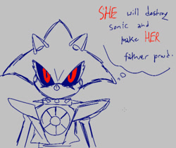 Size: 1296x1090 | Tagged: safe, artist:valaont, metal sonic, black sclera, english text, grey background, implied robotnik, line art, looking at viewer, robot, simple background, skirt, solo, trans female, transgender
