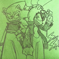 Size: 2021x1998 | Tagged: safe, artist:laylaclook, scourge the hedgehog, surge the tenrec, character name, duo, line art, pencilwork, standing, traditional media, trans female, trans male, transgender