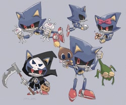 Size: 841x703 | Tagged: safe, artist:pita_b882, chocola (chao), froggy, metal sonic, wisp, chao, 2024, bow, chaos emerald, grey background, grim reaper, halloween outfit, holding something, robot, scythe, simple background, trio
