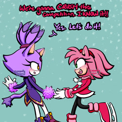 Size: 2048x2048 | Tagged: safe, artist:casuallycontemplating, amy rose, blaze the cat, cat, hedgehog, 2024, amy x blaze, cute, english text, female, females only, holding hands, ice skates, lesbian, looking at each other, shipping, winter outfit