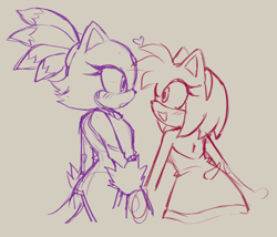 Size: 870x743 | Tagged: safe, artist:kore_eon, amy rose, blaze the cat, cat, hedgehog, 2024, amy x blaze, amy's halterneck dress, blaze's tailcoat, cute, female, females only, heart, holding hands, lesbian, line art, looking at each other, shipping, sketch