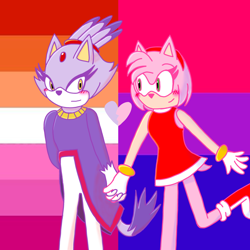 Size: 1280x1280 | Tagged: safe, artist:under0the0stars, amy rose, blaze the cat, cat, hedgehog, 2024, amy x blaze, amy's halterneck dress, bisexual pride, blaze's tailcoat, cute, female, females only, holding hands, lesbian, lesbian pride, looking at them, pride, shipping