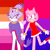 Size: 1280x1280 | Tagged: safe, artist:under0the0stars, amy rose, blaze the cat, cat, hedgehog, 2024, amy x blaze, amy's halterneck dress, bisexual pride, blaze's tailcoat, blushing, clothes, cute, dress, female, females only, holding hands, lesbian, lesbian pride, looking at them, pride, shipping