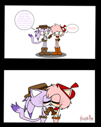 Size: 1279x1616 | Tagged: safe, artist:apocalypsetitan, artist:laqb, amy rose, blaze the cat, cat, hedgehog, 2019, amy x blaze, cute, english text, eyes closed, female, females only, french kiss, holding hands, kiss, lesbian, sheriff star, shipping, speech bubble