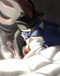 Size: 1617x2048 | Tagged: safe, artist:shu_0696, shadow the hedgehog, sonic the hedgehog, 2024, alternate universe, au:sickness, bed, duo, ear fluff, eyes closed, gay, holding them, indoors, shadow x sonic, shipping