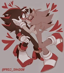 Size: 1453x1640 | Tagged: safe, artist:proj-sh4dow, shadow the hedgehog, sonic the hedgehog, 2024, agender, blushing, blushing ears, boop, cute, duo, ear fluff, eyes closed, frown, gay, grey background, hands on another's face, heart, looking at them, nose boop, sfx, shadow x sonic, shipping, signature, simple background, smile, top surgery scars, trans male, transgender