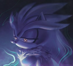 Size: 1500x1364 | Tagged: safe, artist:9raviolly, silver the hedgehog, 2024, frown, gradient background, lidded eyes, lineless, looking offscreen, sad, solo