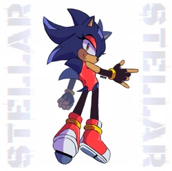 Size: 2048x2034 | Tagged: safe, artist:m0e_editzz, oc, oc:stellar the hedgehog, hedgehog, 2024, character name, devil horns (gesture), fankid, lidded eyes, looking at viewer, looking back, looking back at viewer, oc only, parent:shadow, parent:sonic, parents:sonadow, signature, simple background, smile, solo, white background