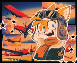 Size: 1506x1249 | Tagged: safe, artist:ded_marinad, miles "tails" prower, 2024, abstract background, aviator jacket, bandaid, bandaid over nose, blushing, border, clothes, clouds, fangs, goggles, jacket, looking at viewer, mouth open, pilot hat, scarf, signature, smile, solo, star (symbol), tornado i