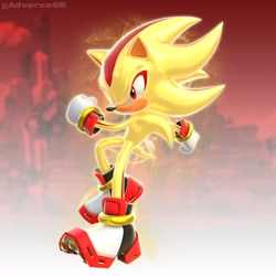Size: 2048x2048 | Tagged: safe, artist:adverse56, shadow the hedgehog, super shadow, 2024, 3d, frown, gradient background, looking at viewer, solo, standing on one leg, super form