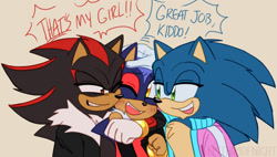 Size: 1325x755 | Tagged: safe, artist:emthimofnight, shadow the hedgehog, sonic the hedgehog, oc, oc:stellar the hedgehog, hedgehog, beige background, clothes, dialogue, english text, family, fankid, father and daughter, gay, head pat, jacket, lidded eyes, looking at them, one eye closed, parent:shadow, parent:sonic, parents:sonadow, shadow x sonic, shipping, signature, simple background, smile, trio